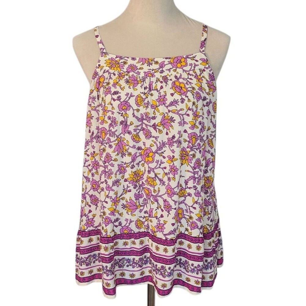 Old Navy Boho Floral Swing Cami Top M Purple Yellow Border Print Rayon Festival